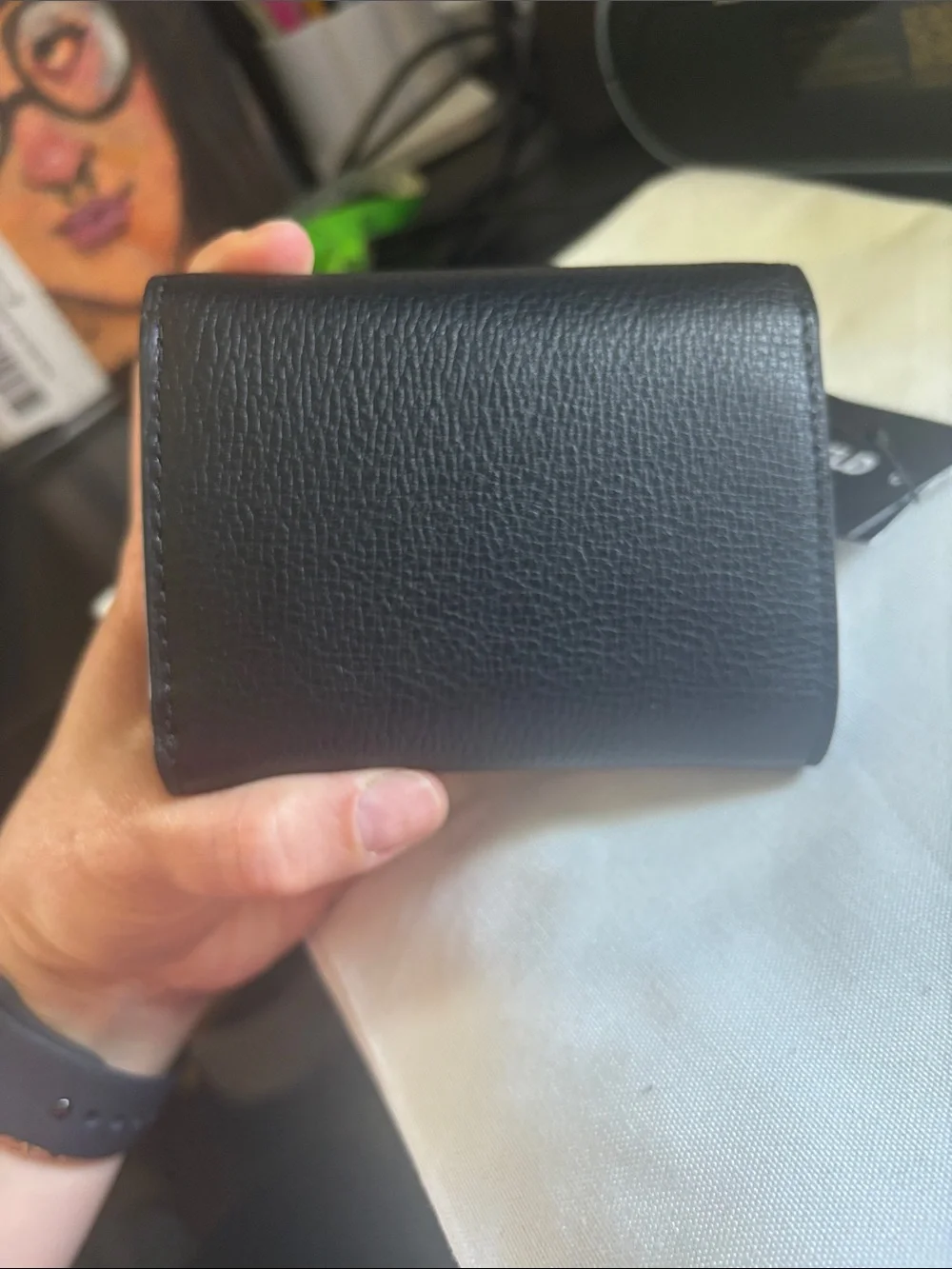 Karl Lagerfeld Black Leather Mini Wallet with Gold Logo Plaque